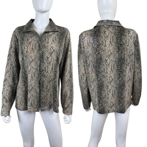 Misook Jackets & Blazers - Misook Womens Size L Brown Sequin Snakeskin Print Lightweight Full Zip Jacket